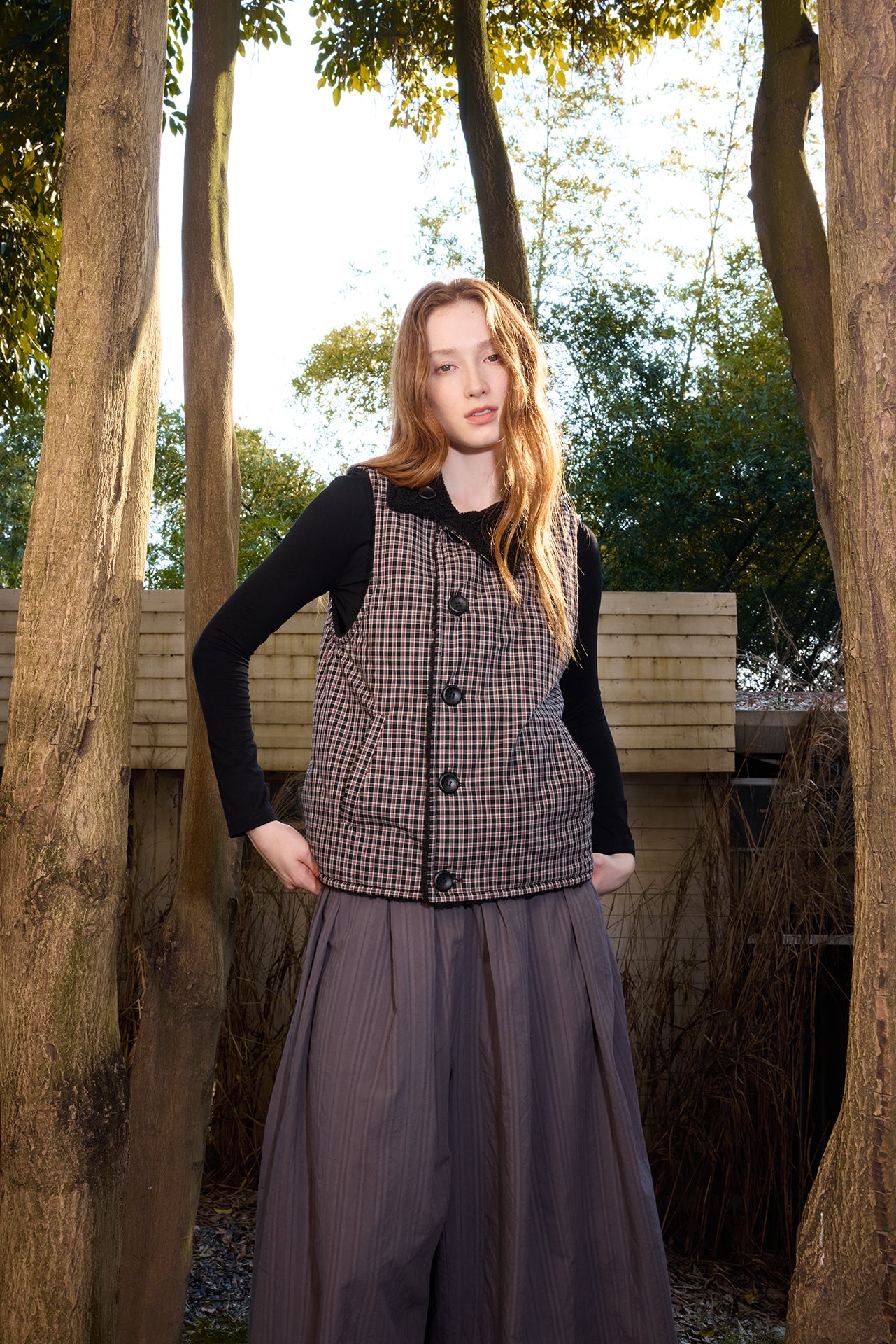 Black Plaid Reversible Diagonal-Front Plush Vest