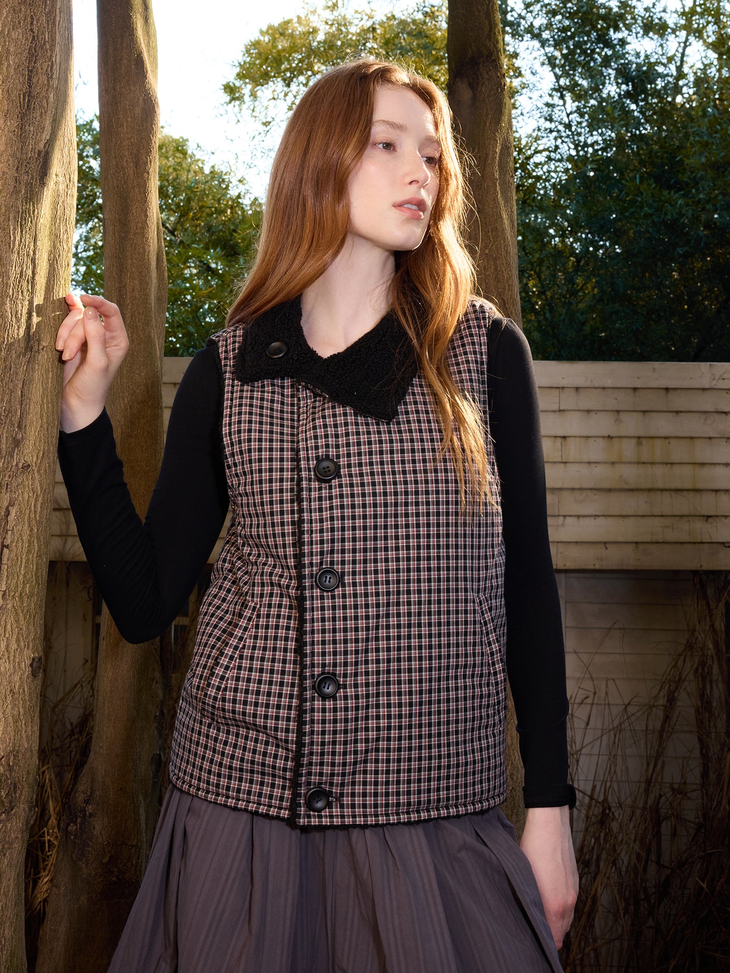 Black Plaid Reversible Diagonal-Front Plush Vest